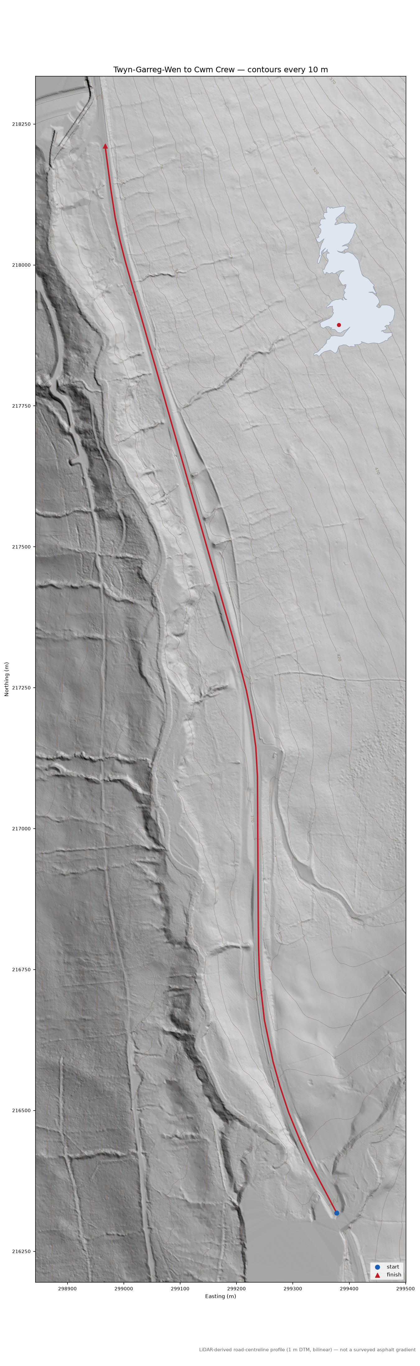 Twyn-Garreg-Wen to Cwm Crew LiDAR hillshade map with contours