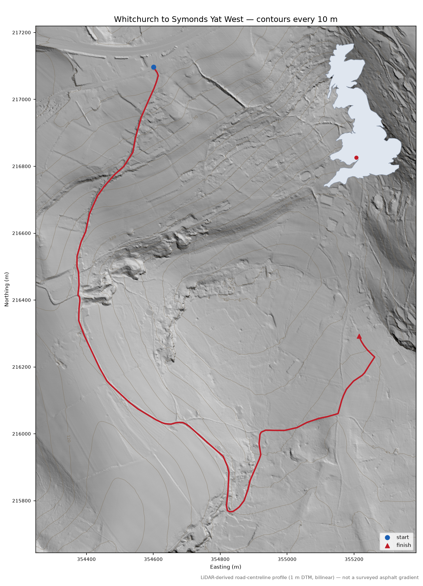 Whitchurch to Symonds Yat West LiDAR hillshade map with contours