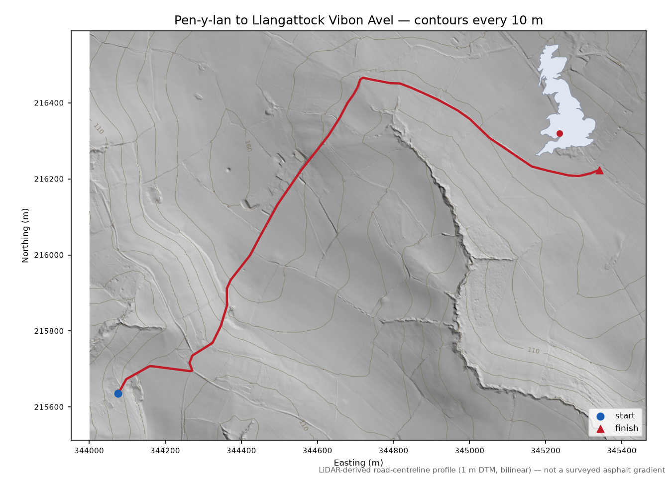 Pen-y-lan to Llangattock Vibon Avel LiDAR hillshade map with contours