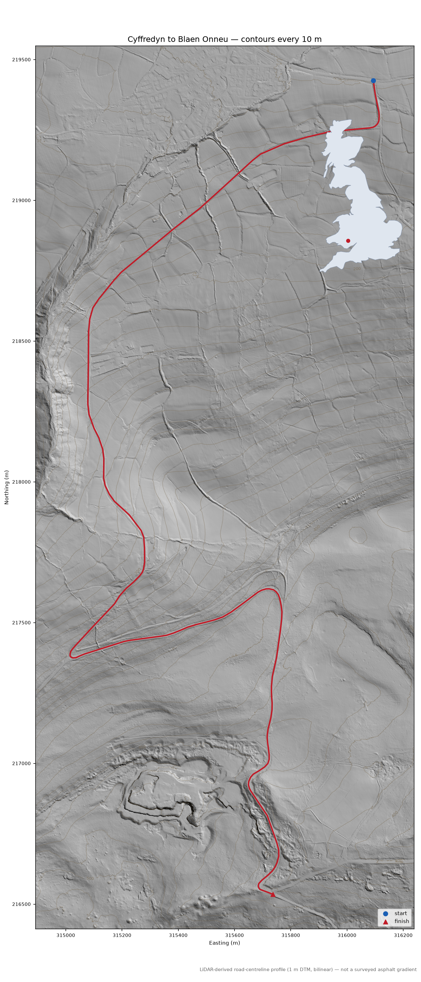 Cyffredyn to Blaen Onneu LiDAR hillshade map with contours