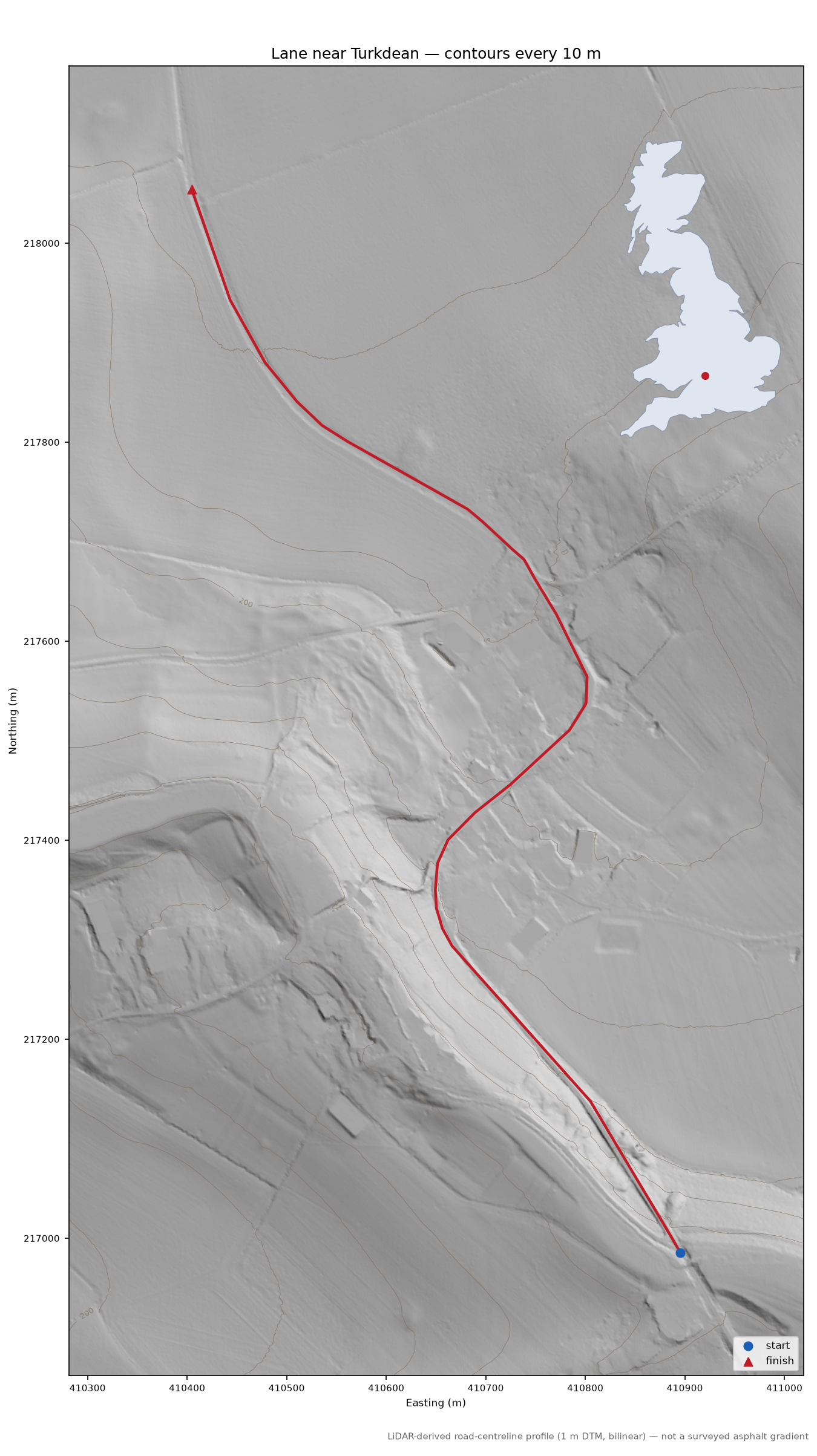 Lane near Turkdean LiDAR hillshade map with contours