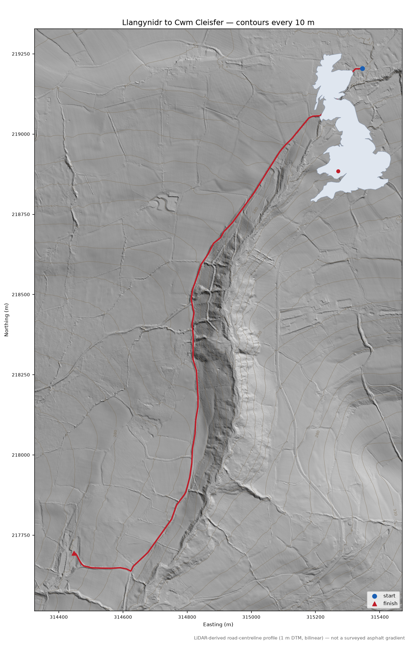 Llangynidr to Cwm Cleisfer LiDAR hillshade map with contours