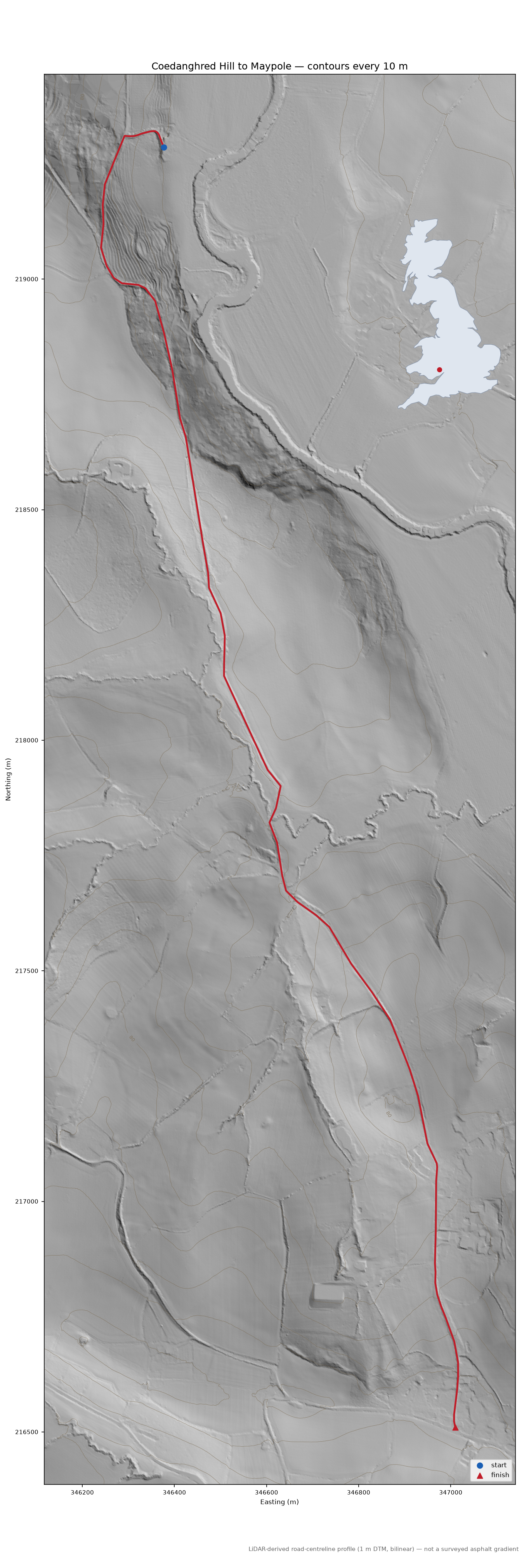 Coedanghred Hill to Maypole LiDAR hillshade map with contours