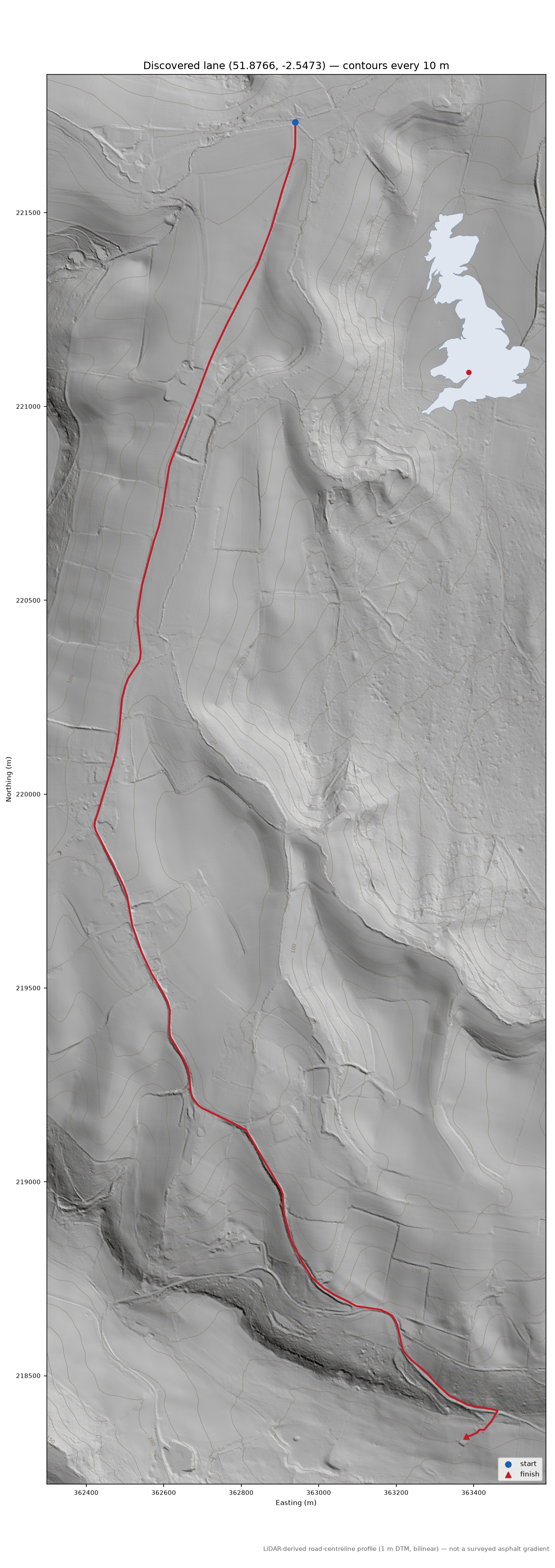 Pontshill to Hazel Hill LiDAR hillshade map with contours