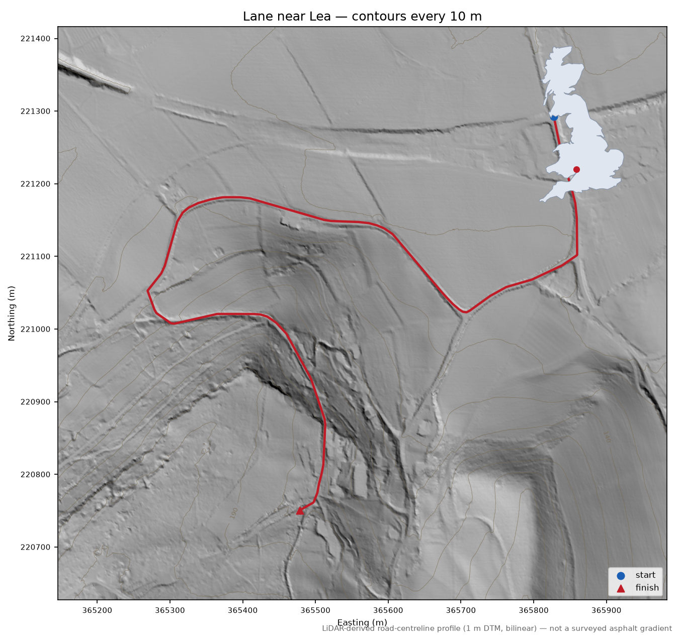 Lane near Lea LiDAR hillshade map with contours