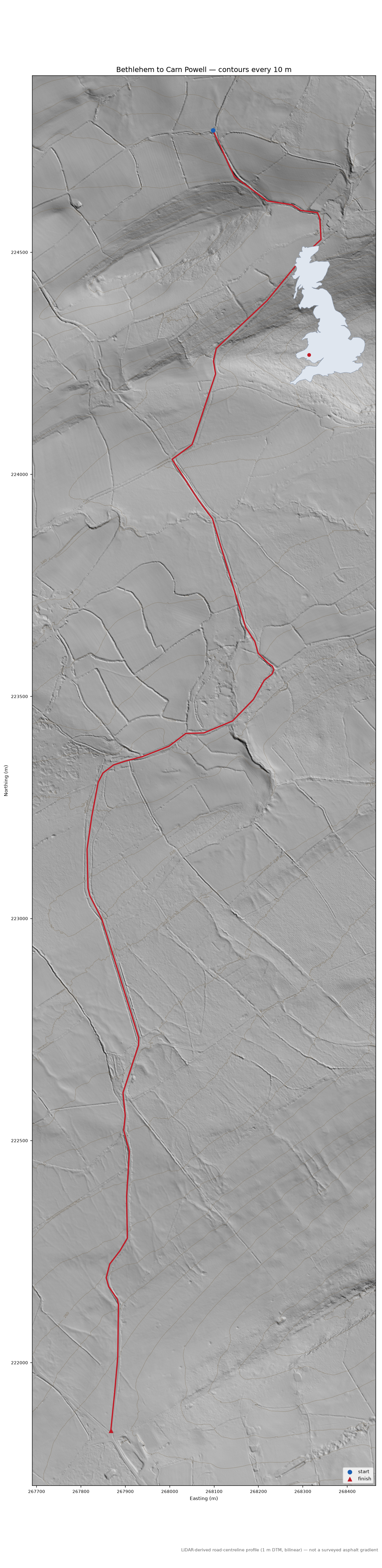 Bethlehem to Carn Powell LiDAR hillshade map with contours