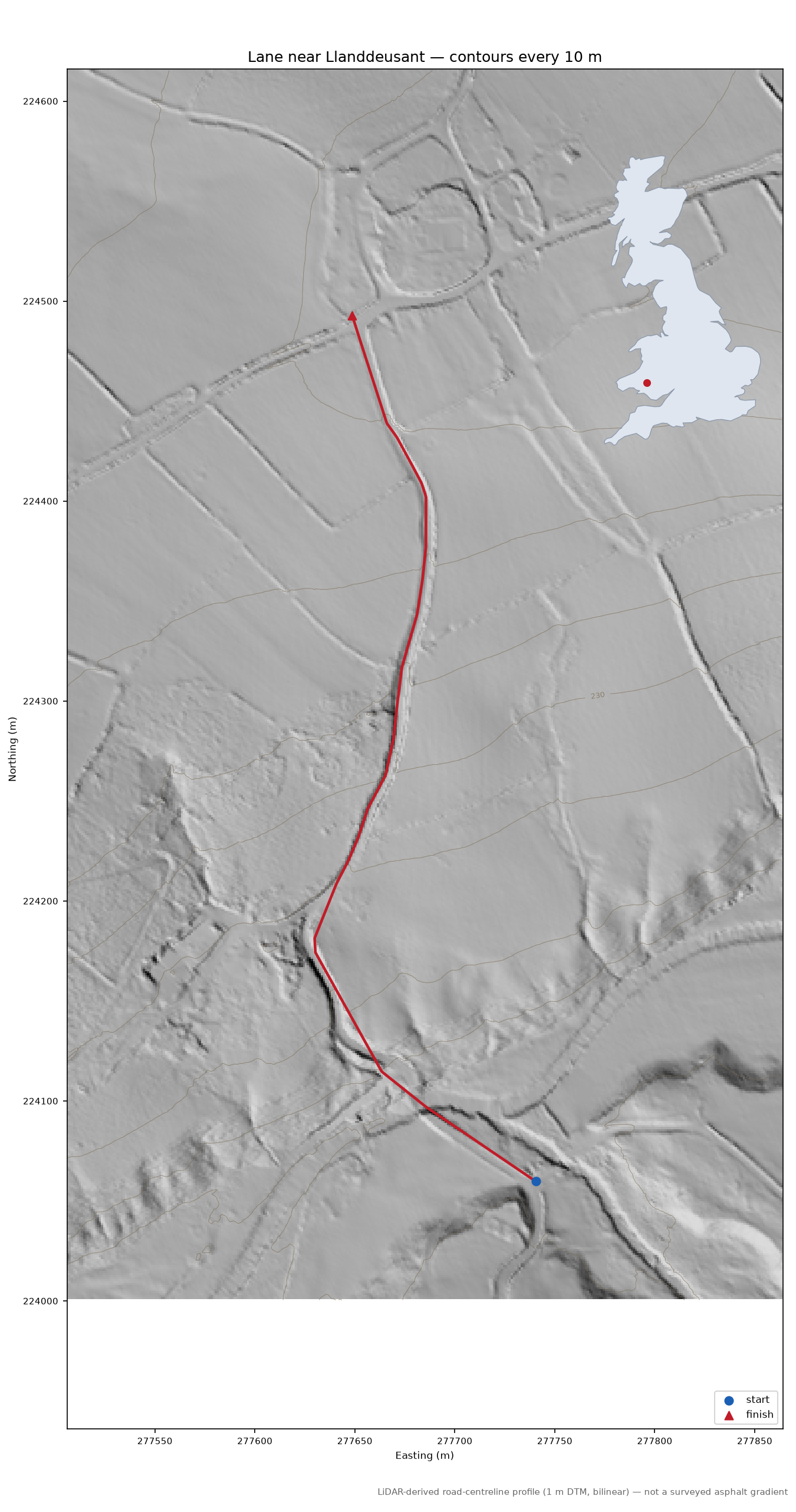 Lane near Llanddeusant LiDAR hillshade map with contours
