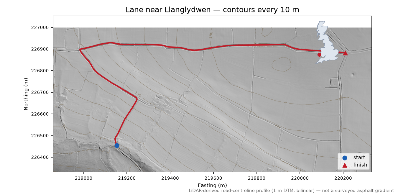 Lane near Llanglydwen LiDAR hillshade map with contours