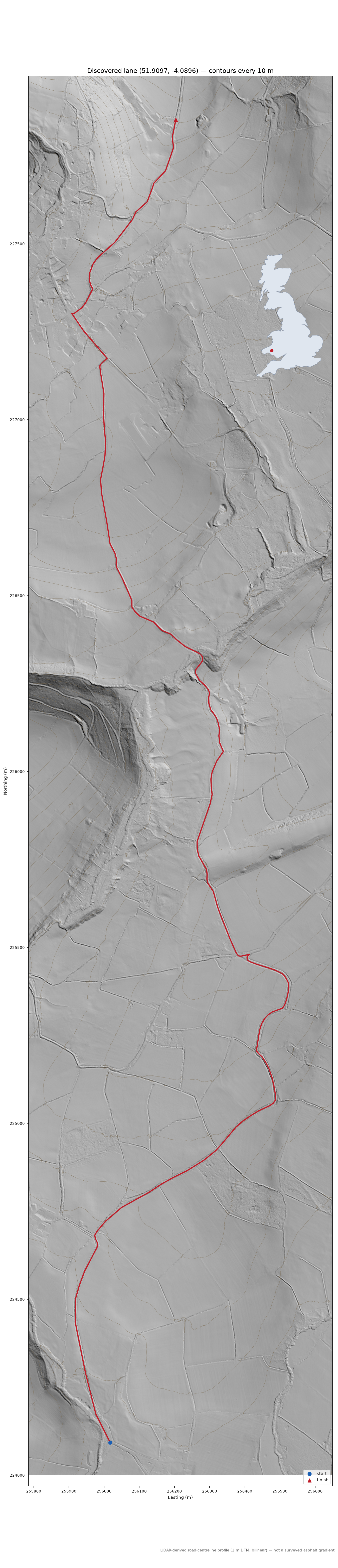 Court Henry to Llanfynydd LiDAR hillshade map with contours