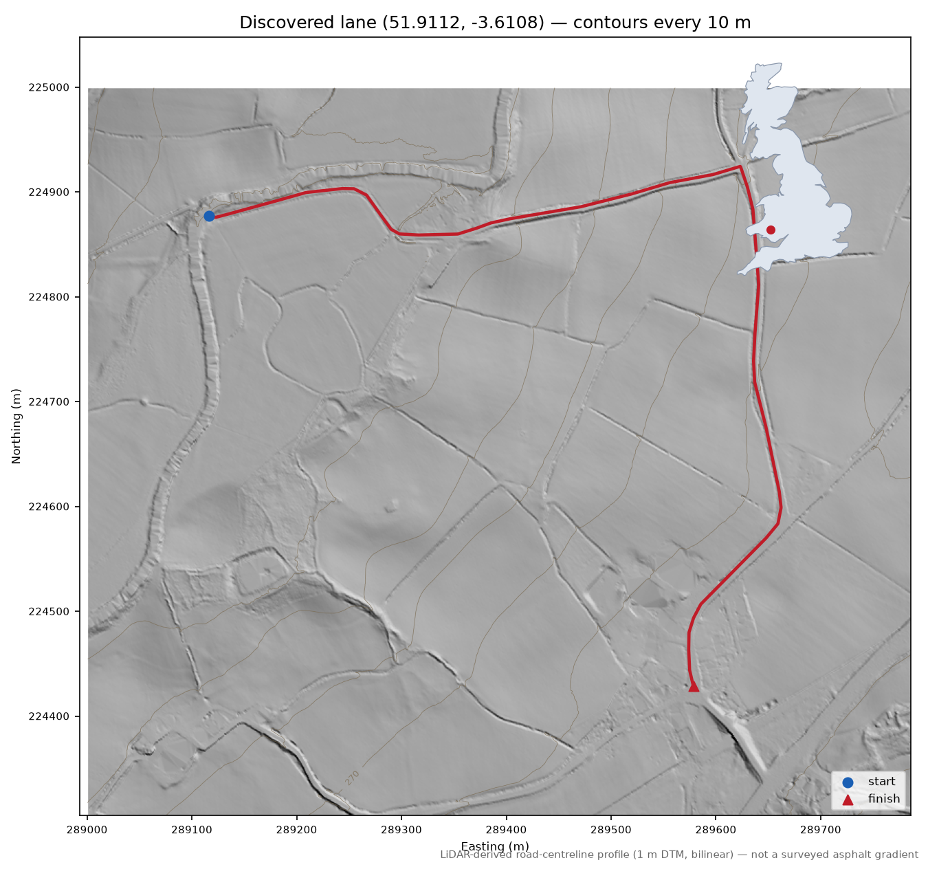 Lane near Crai LiDAR hillshade map with contours