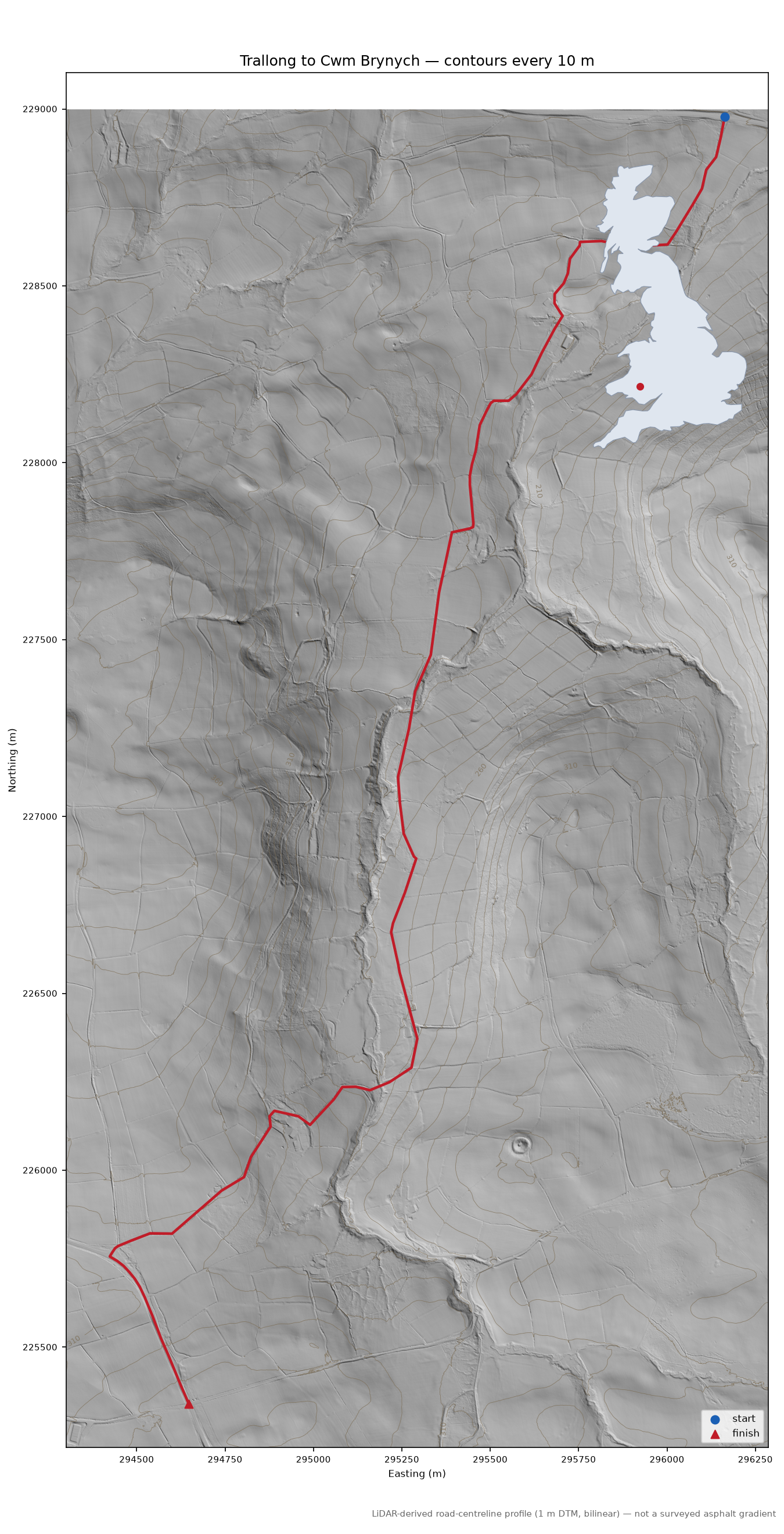 Trallong to Cwm Brynych LiDAR hillshade map with contours