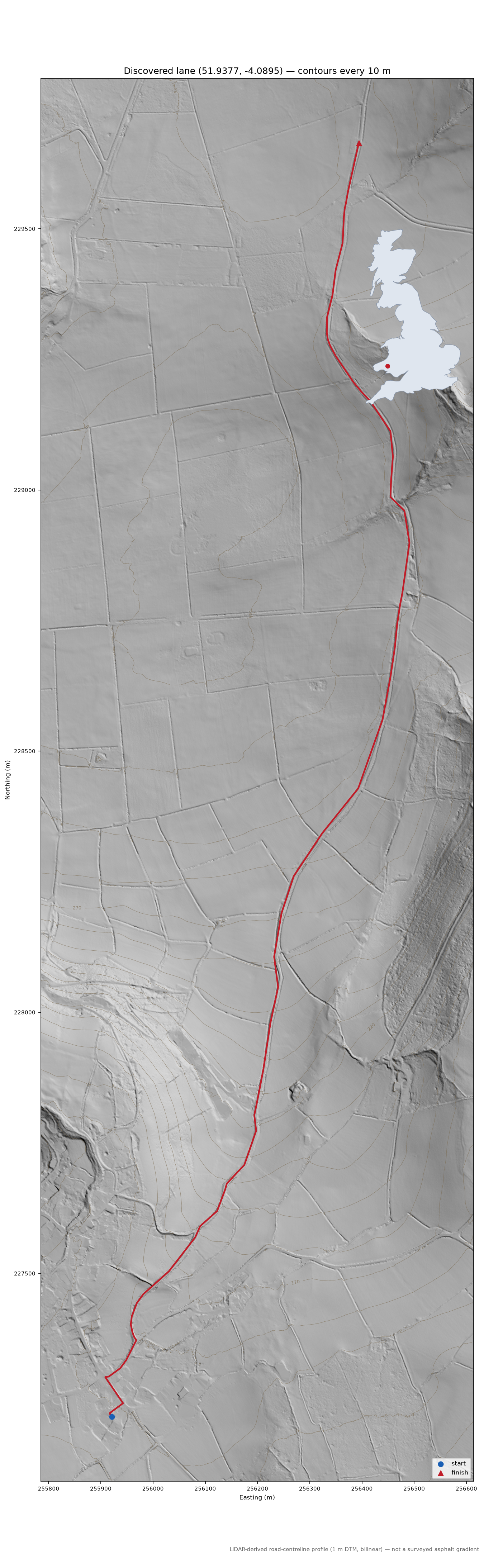 Llanfynydd to Pant-y-Cerig LiDAR hillshade map with contours