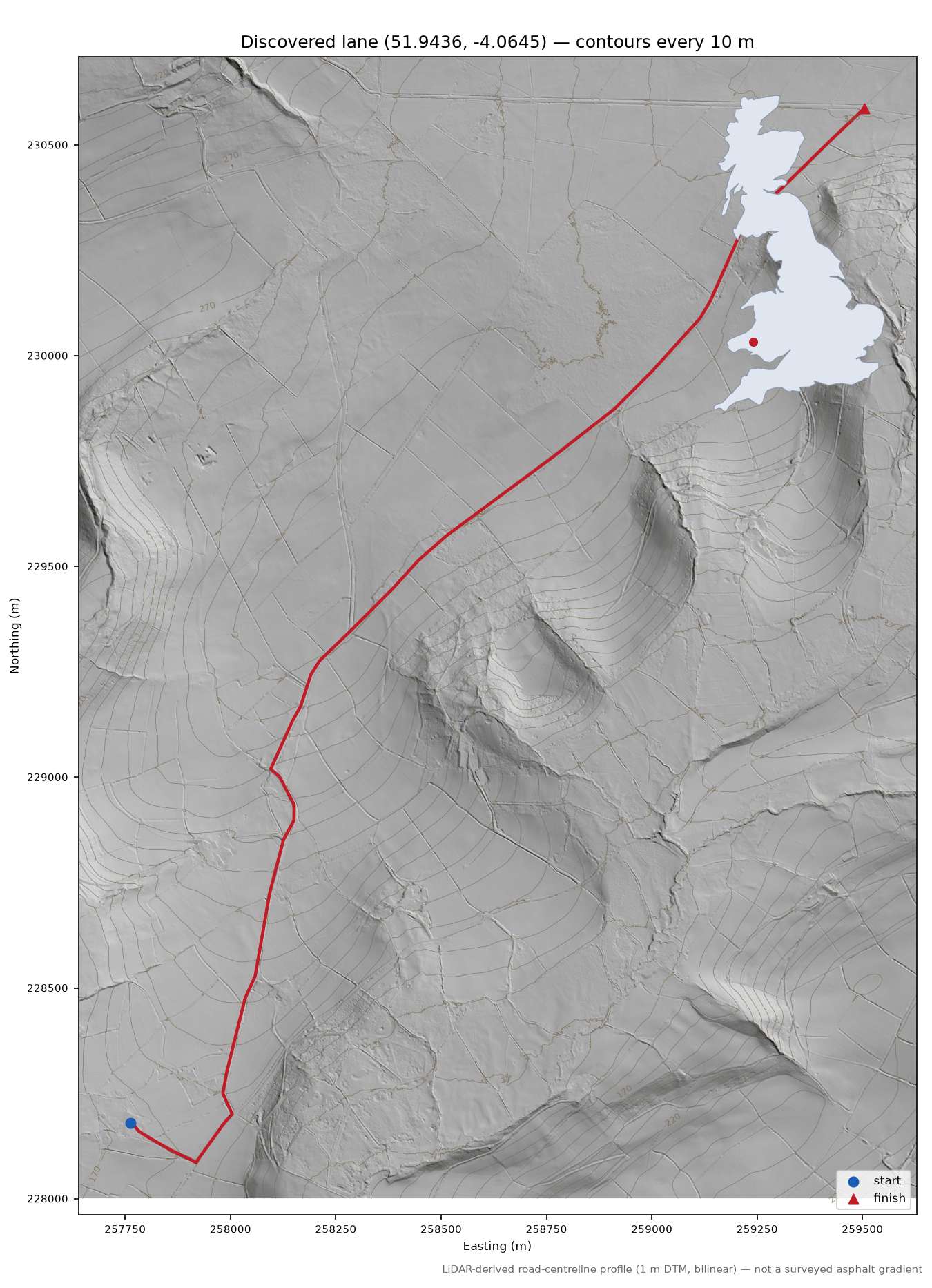 Capel Isaac to Mynydd Figyn LiDAR hillshade map with contours