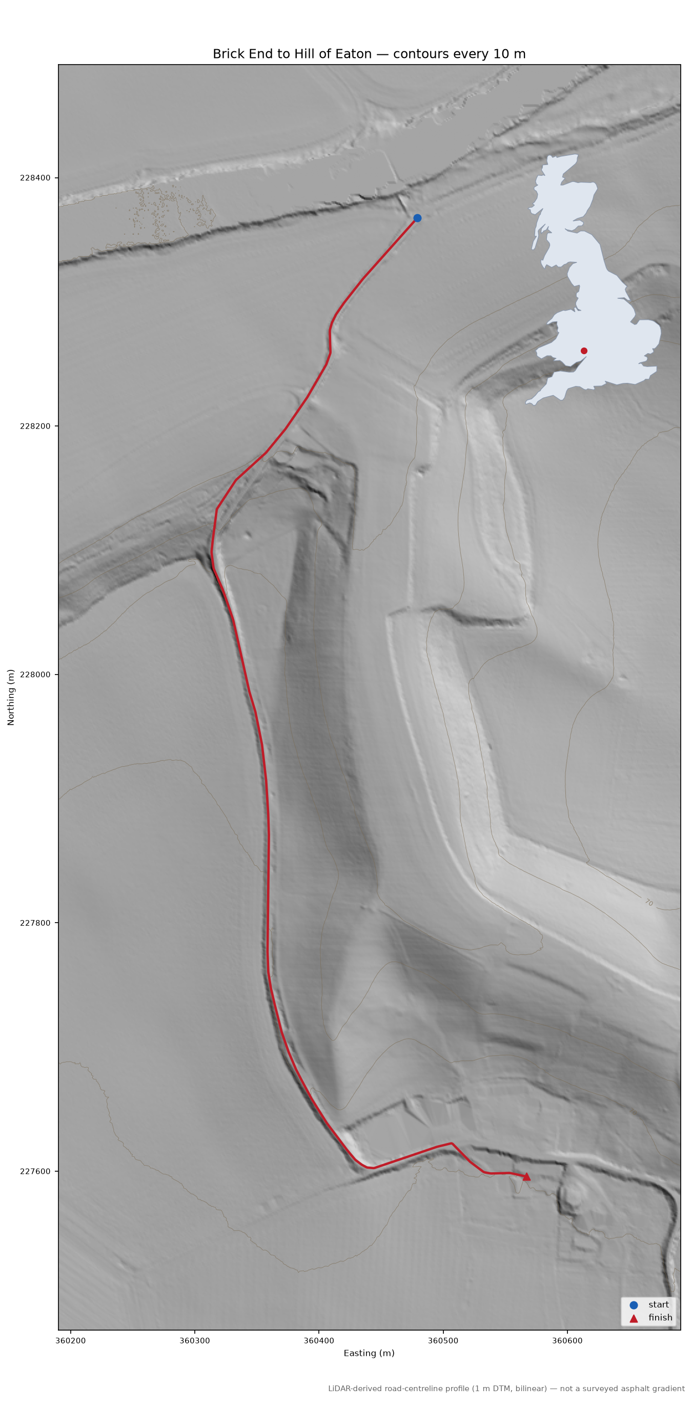Brick End to Hill of Eaton LiDAR hillshade map with contours