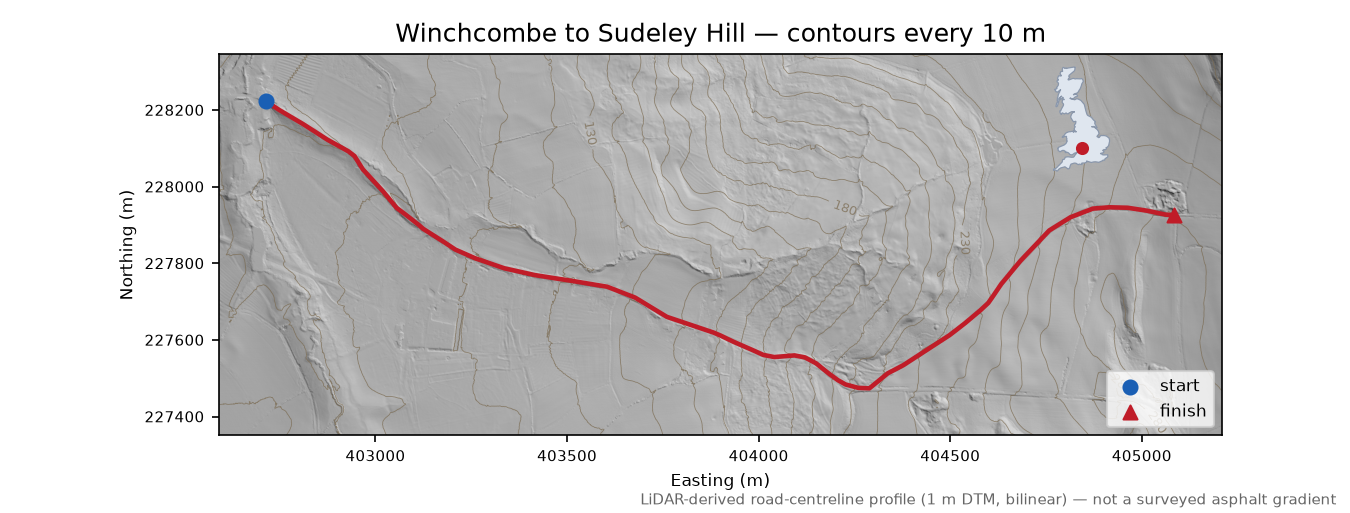 Winchcombe to Sudeley Hill LiDAR hillshade map with contours
