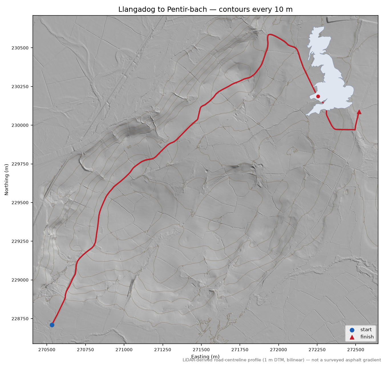 Llangadog to Pentir-bach LiDAR hillshade map with contours