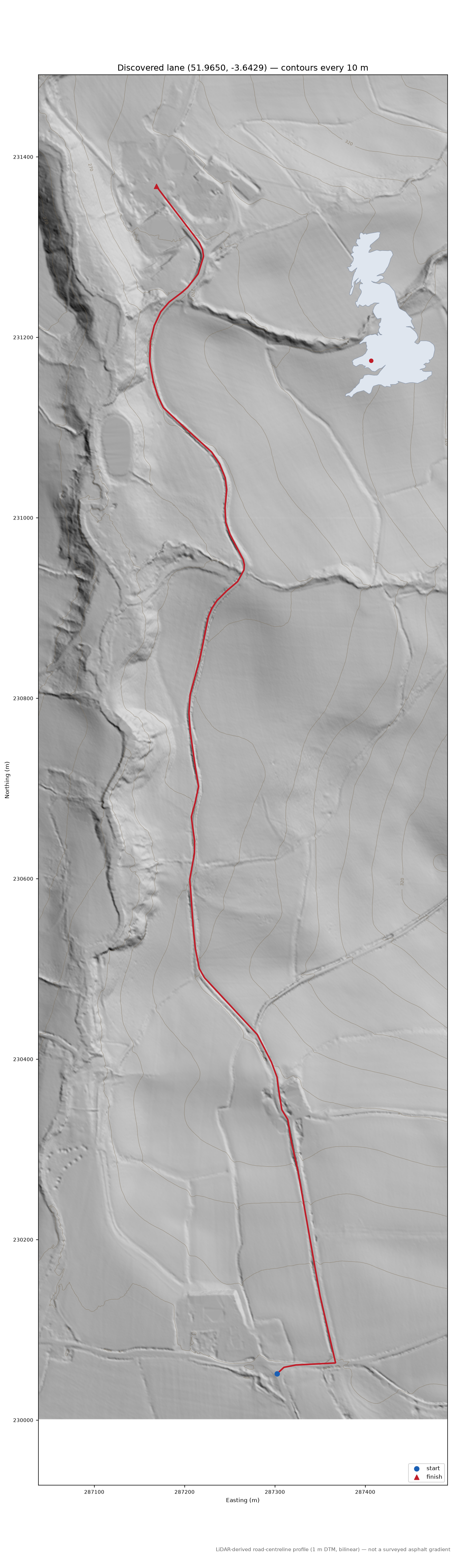 Lane near Llywel LiDAR hillshade map with contours