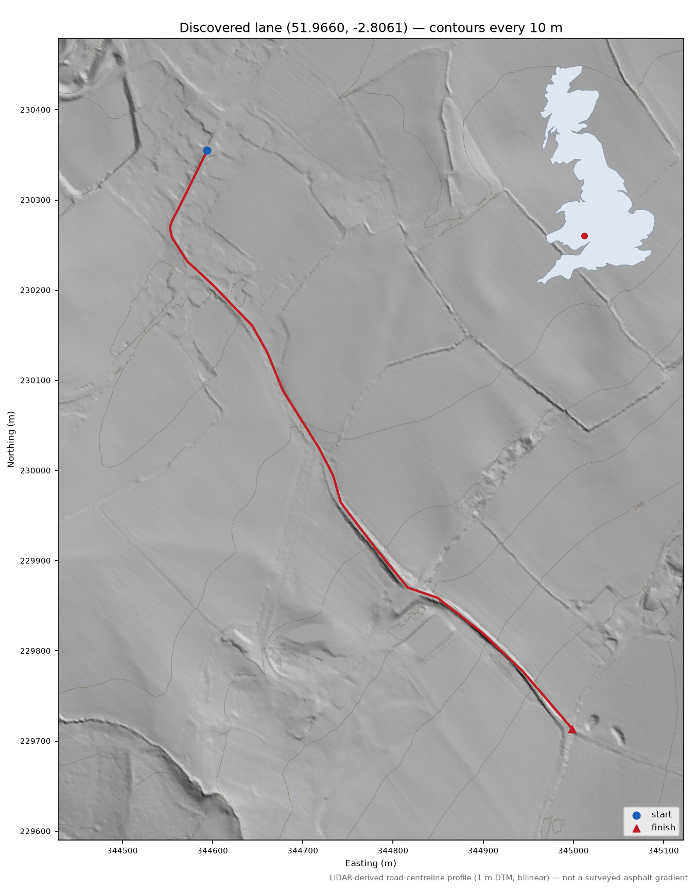 Lane near Kilpeck LiDAR hillshade map with contours
