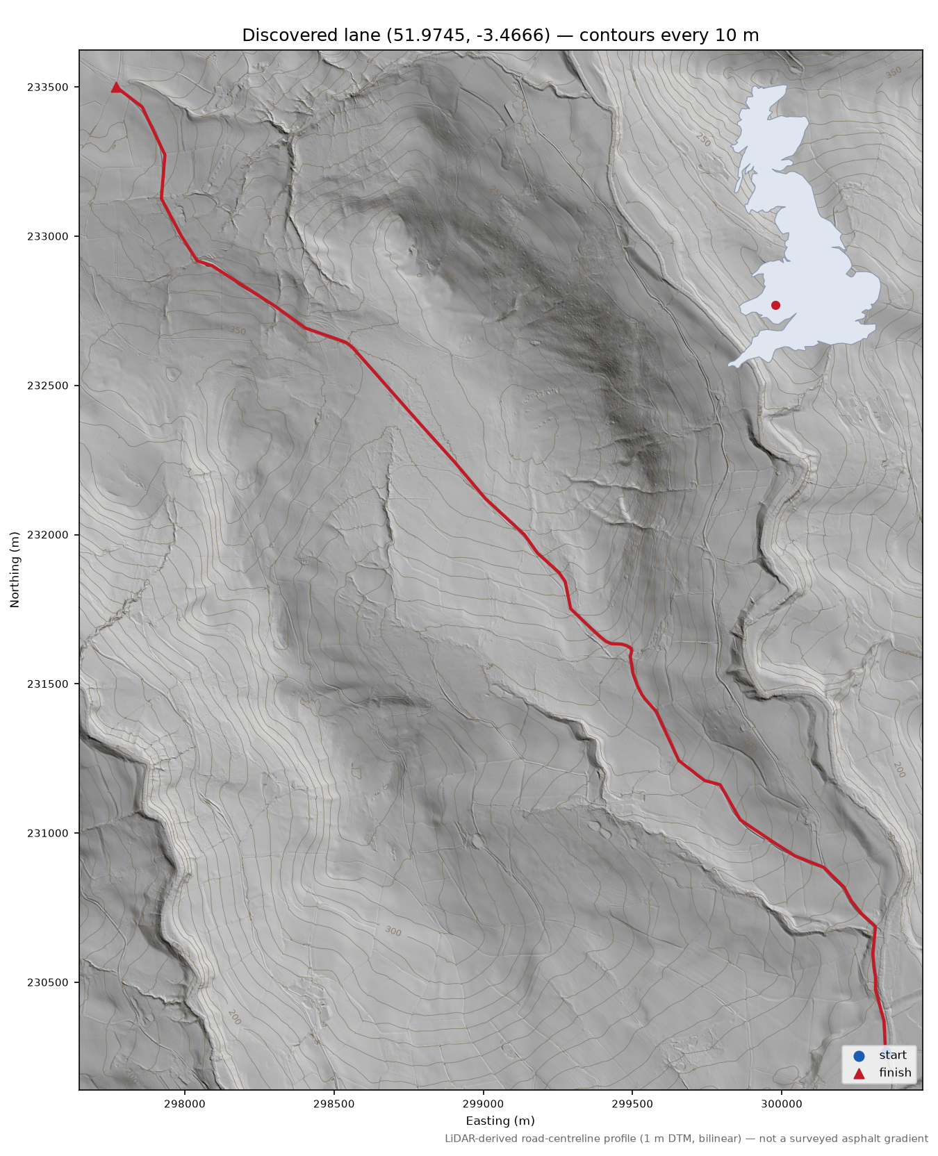 Aberyscir to Cwm Ynysgyfarch LiDAR hillshade map with contours