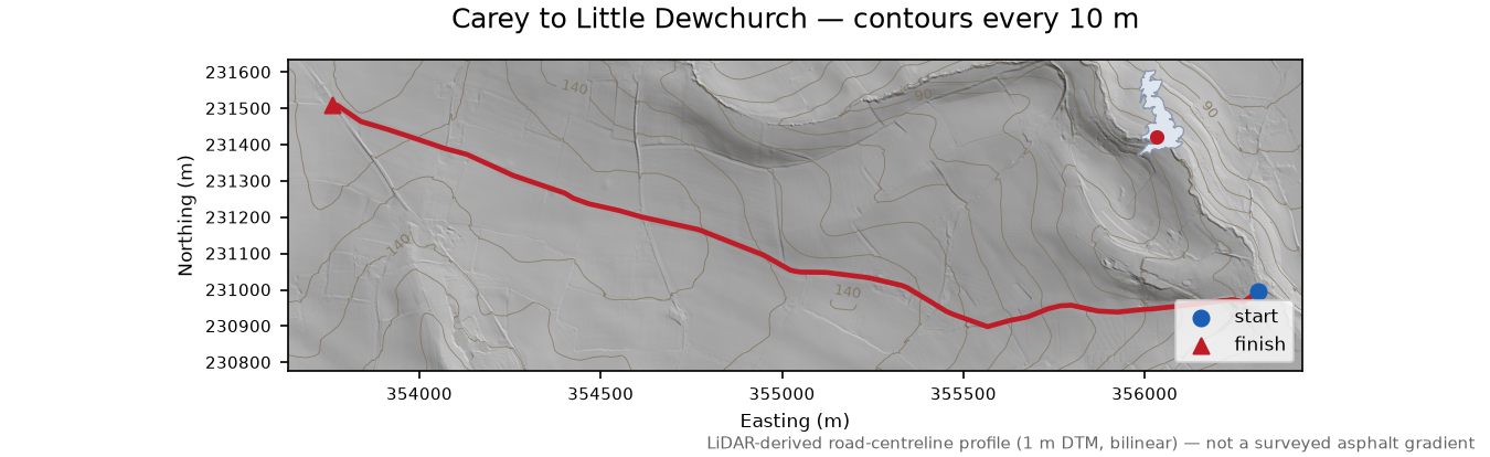 Carey to Little Dewchurch LiDAR hillshade map with contours