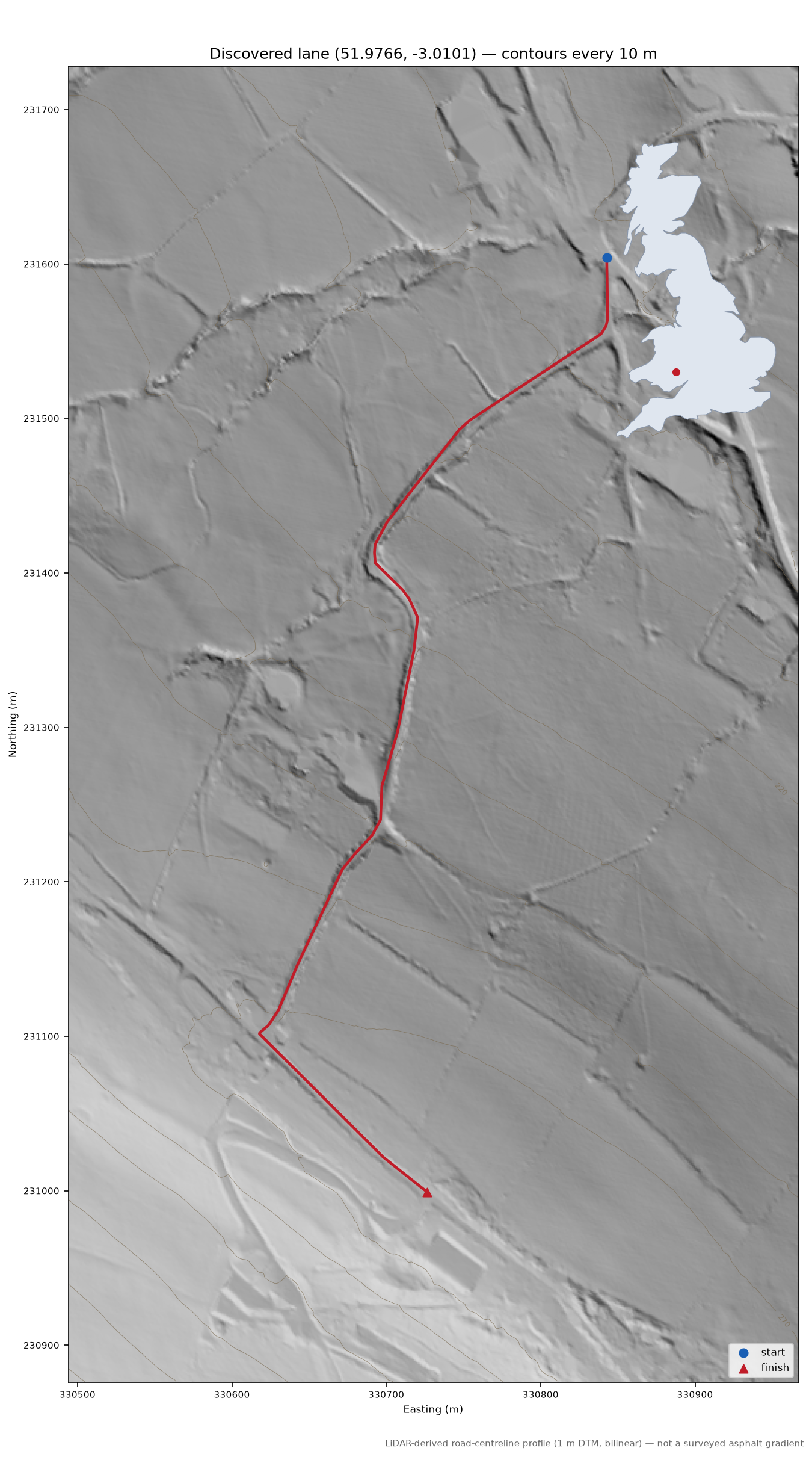 Lane near Llanveynoe LiDAR hillshade map with contours