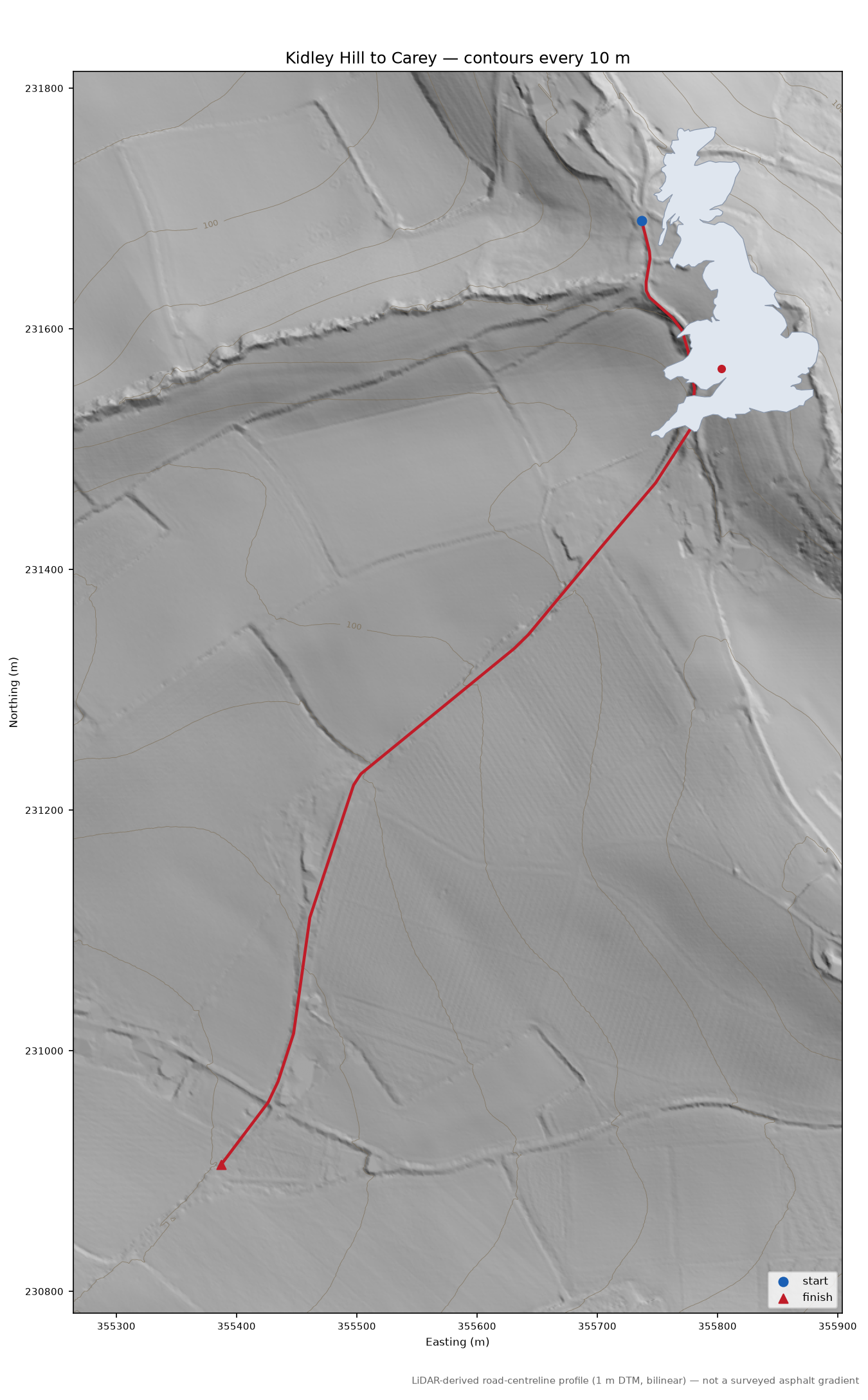 Kidley Hill to Carey LiDAR hillshade map with contours