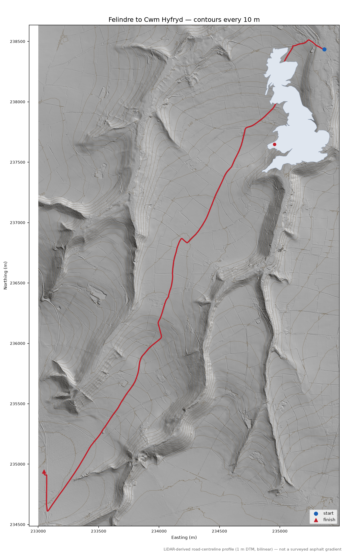 Felindre to Cwm Hyfryd LiDAR hillshade map with contours