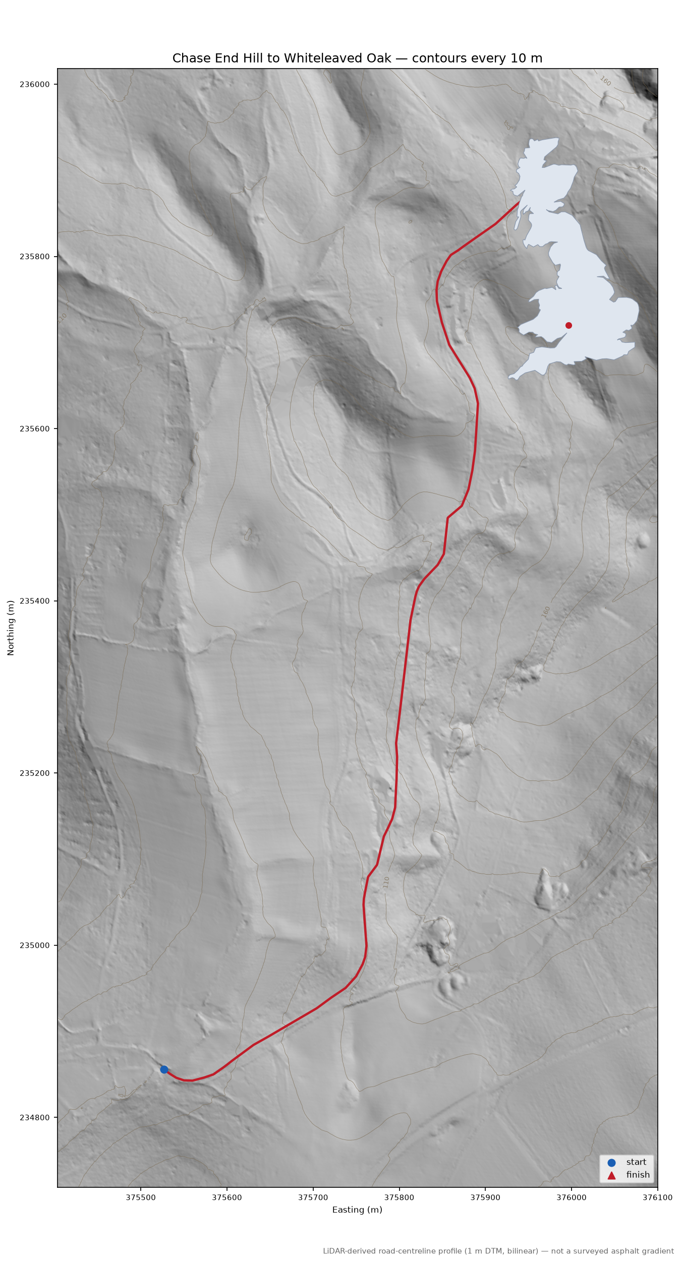 Chase End Hill to Whiteleaved Oak LiDAR hillshade map with contours