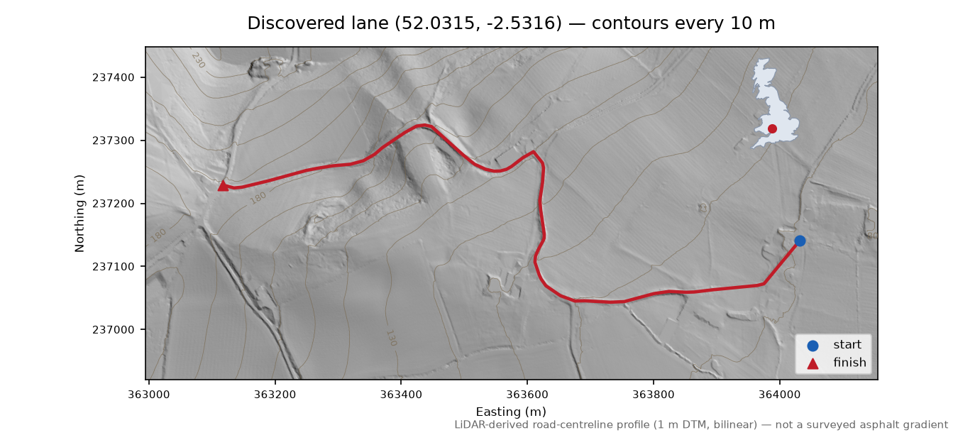 Putley to Woolhope Cockshoot LiDAR hillshade map with contours
