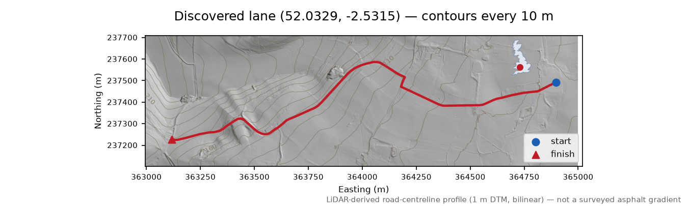 Putley Green to Woolhope Cockshoot LiDAR hillshade map with contours