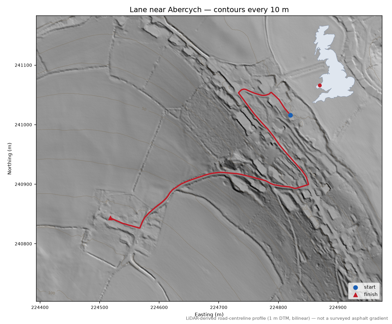 Lane near Abercych LiDAR hillshade map with contours