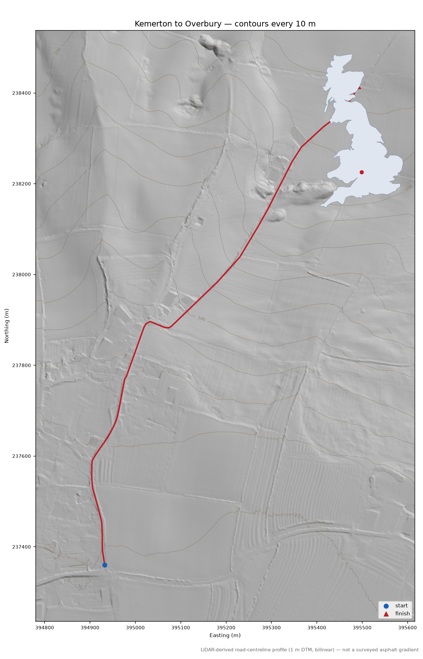 Kemerton to Overbury LiDAR hillshade map with contours