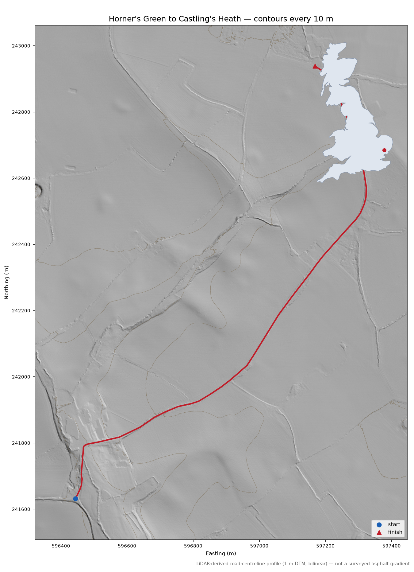 Horner's Green to Castling's Heath LiDAR hillshade map with contours