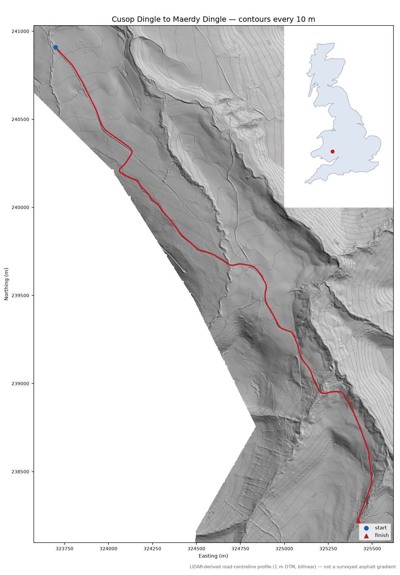 Cusop Dingle to Maerdy Dingle LiDAR hillshade map with contours
