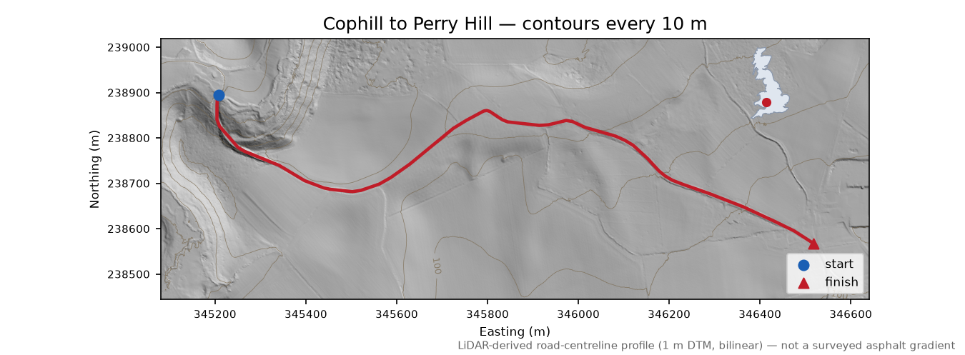 Cophill to Perry Hill LiDAR hillshade map with contours