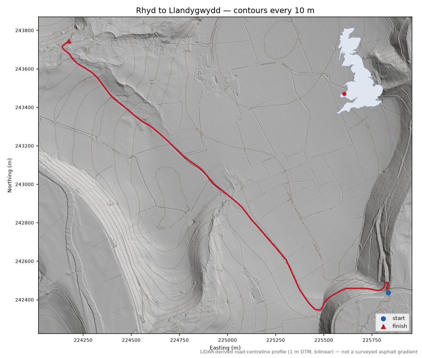 Rhyd to Llandygwydd LiDAR hillshade map with contours