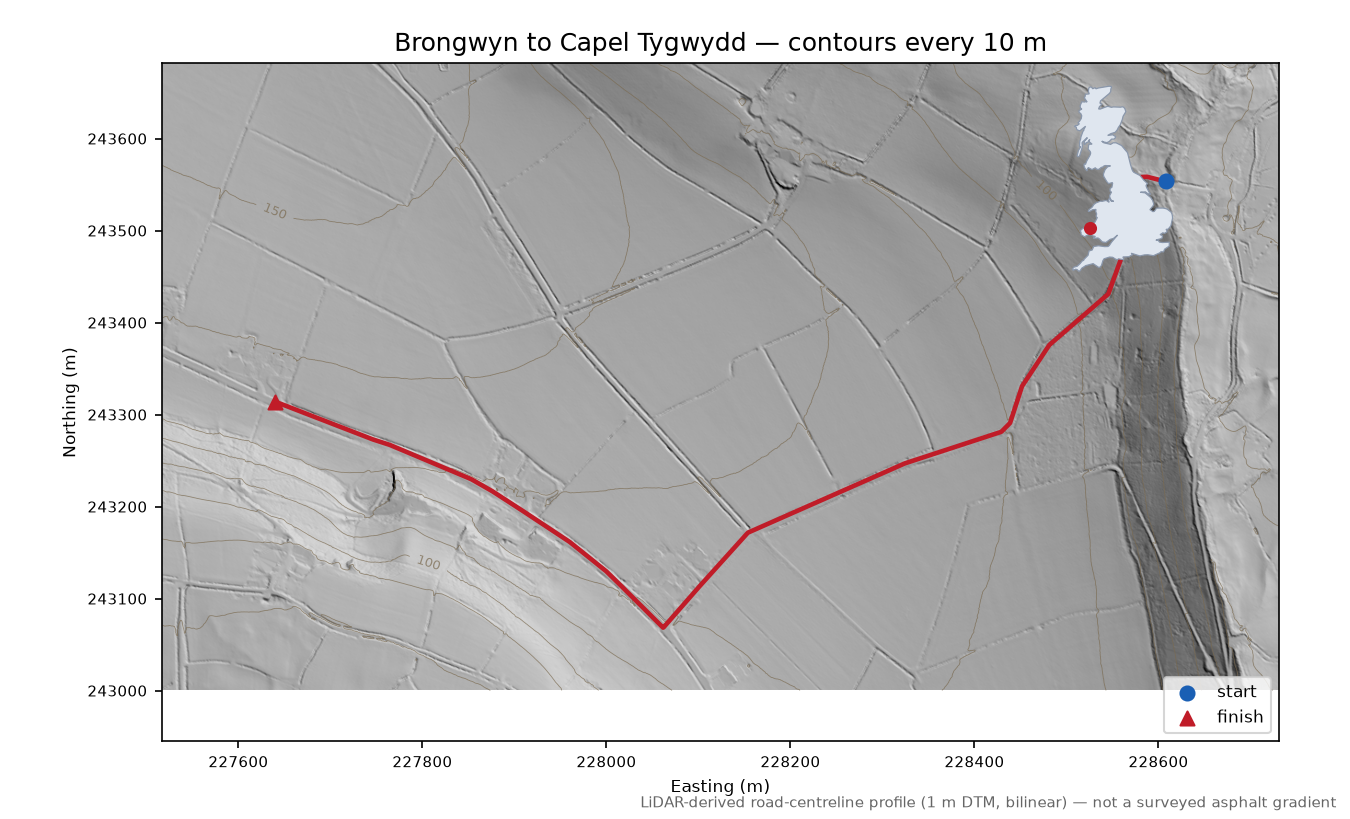Brongwyn to Capel Tygwydd LiDAR hillshade map with contours