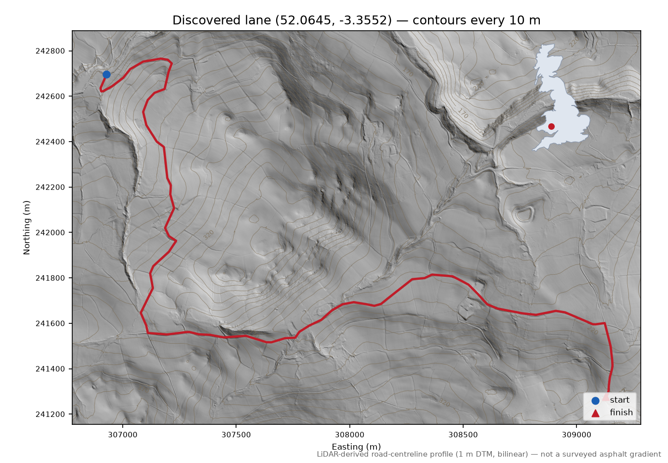 Gwenddwr to Crickadarn LiDAR hillshade map with contours