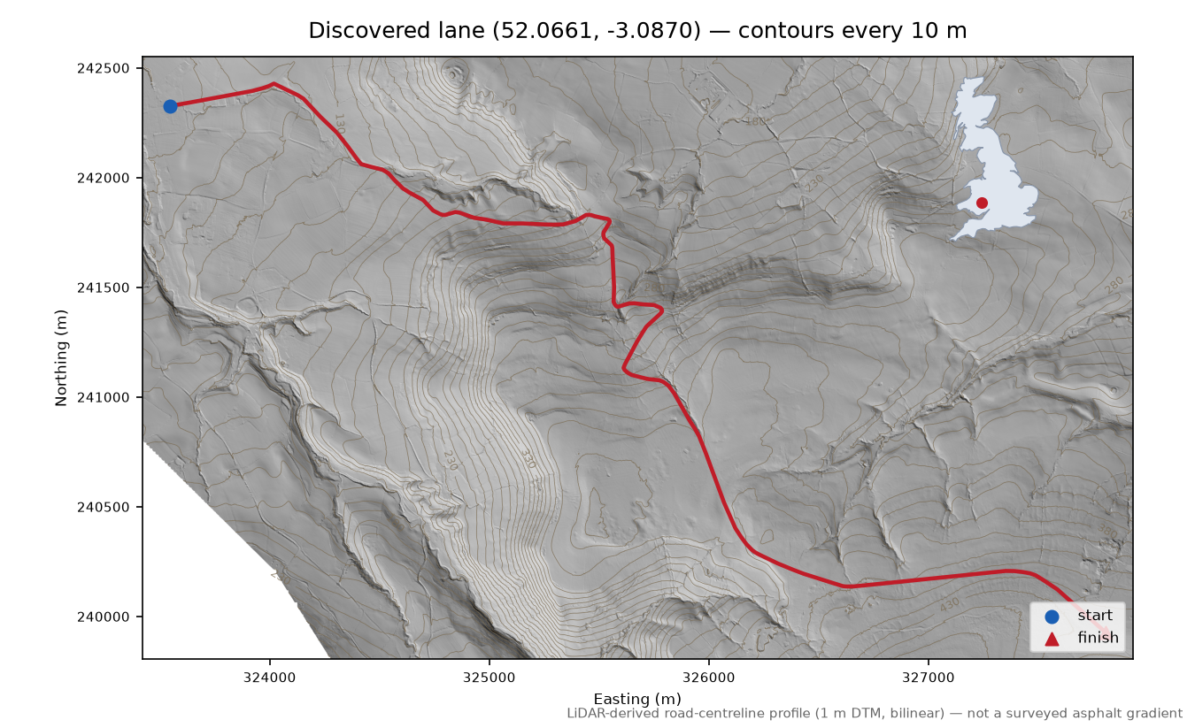 Hay on Wye to Mynydd Brith LiDAR hillshade map with contours