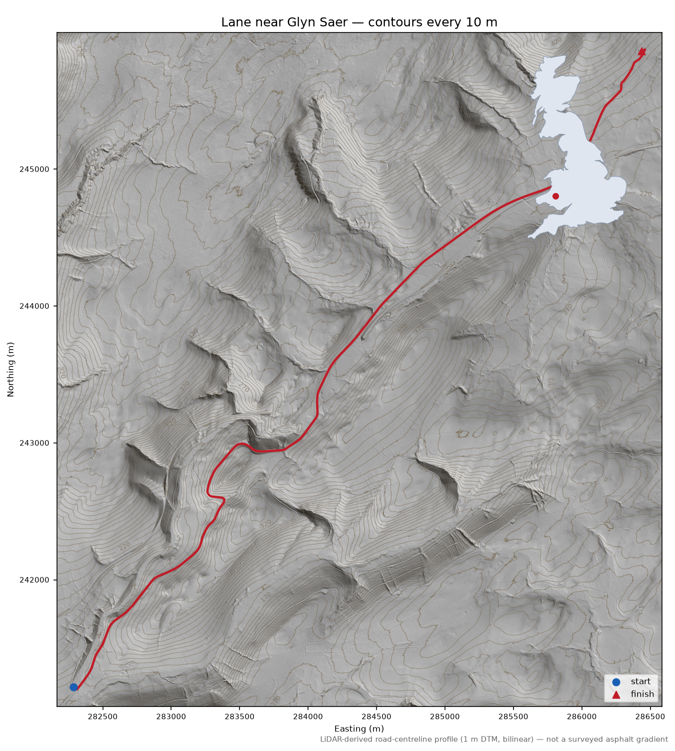 Lane near Glyn Saer LiDAR hillshade map with contours