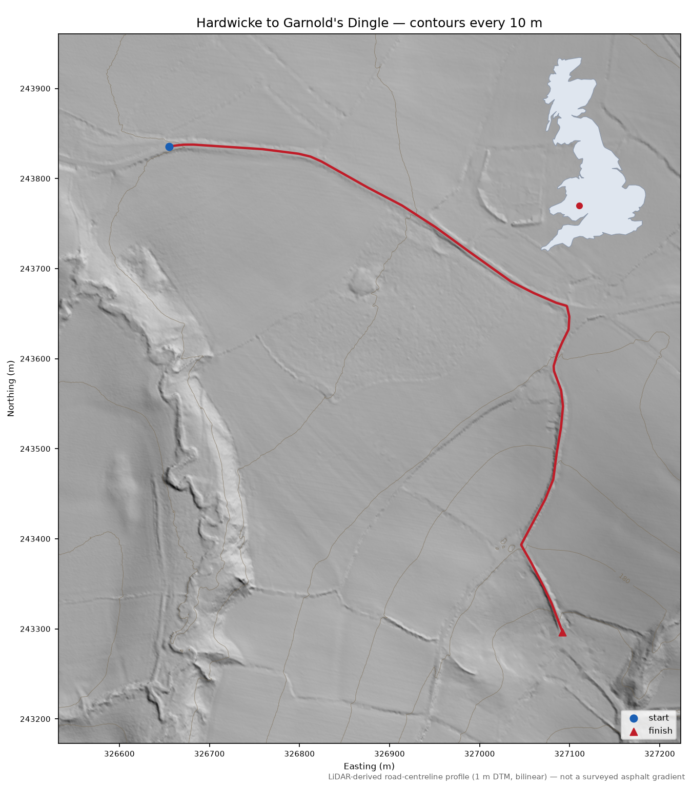 Hardwicke to Garnold's Dingle LiDAR hillshade map with contours