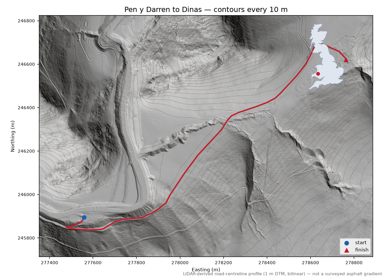 Pen y Darren to Dinas LiDAR hillshade map with contours