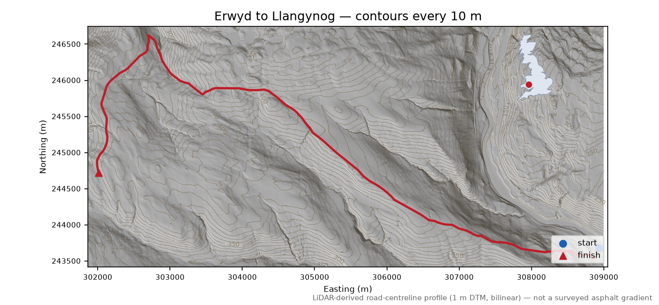 Erwyd to Llangynog LiDAR hillshade map with contours