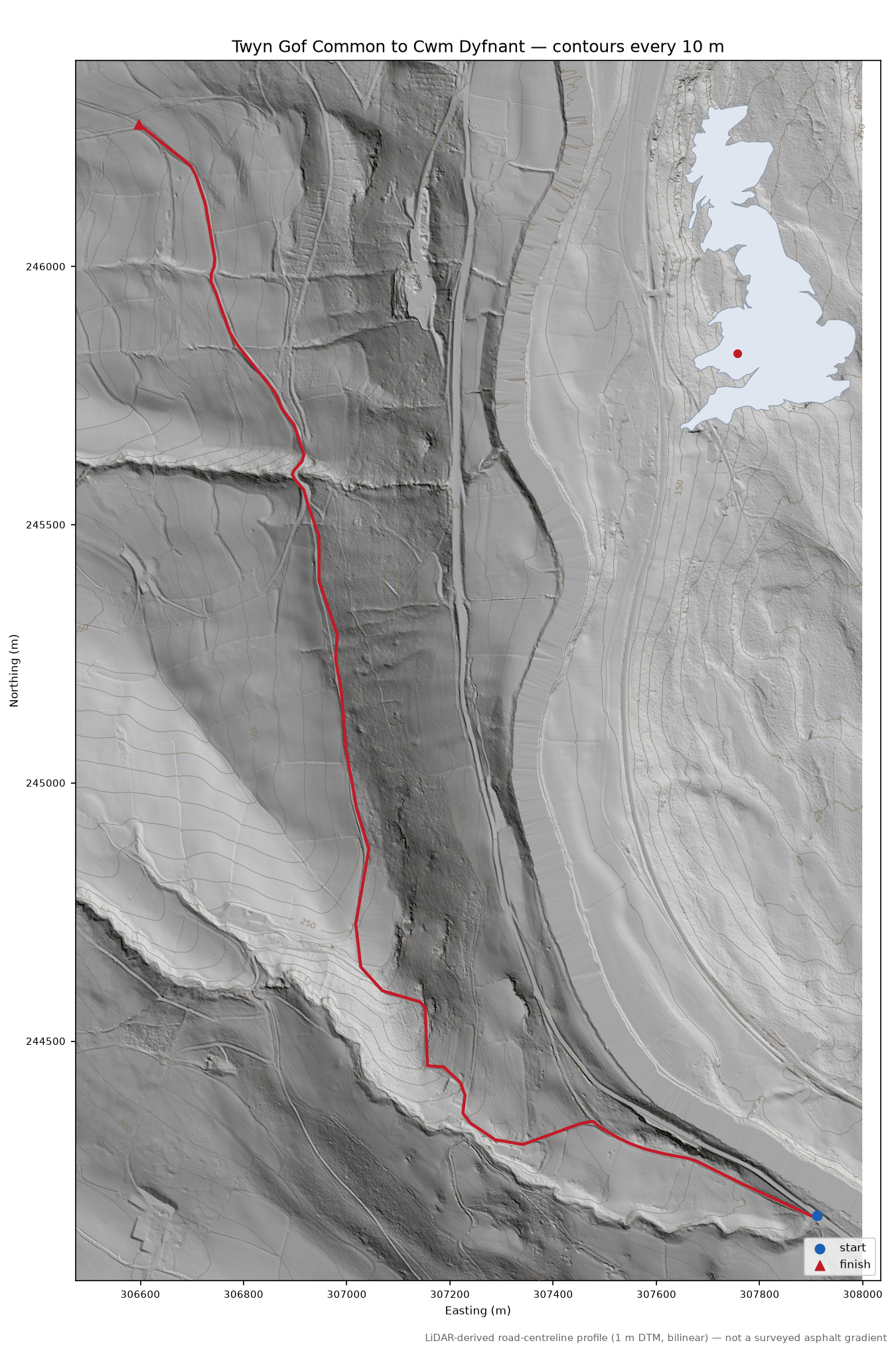 Twyn Gof Common to Cwm Dyfnant LiDAR hillshade map with contours