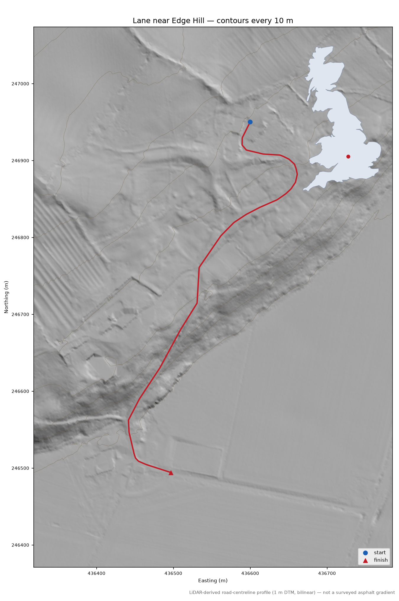 Lane near Edge Hill LiDAR hillshade map with contours
