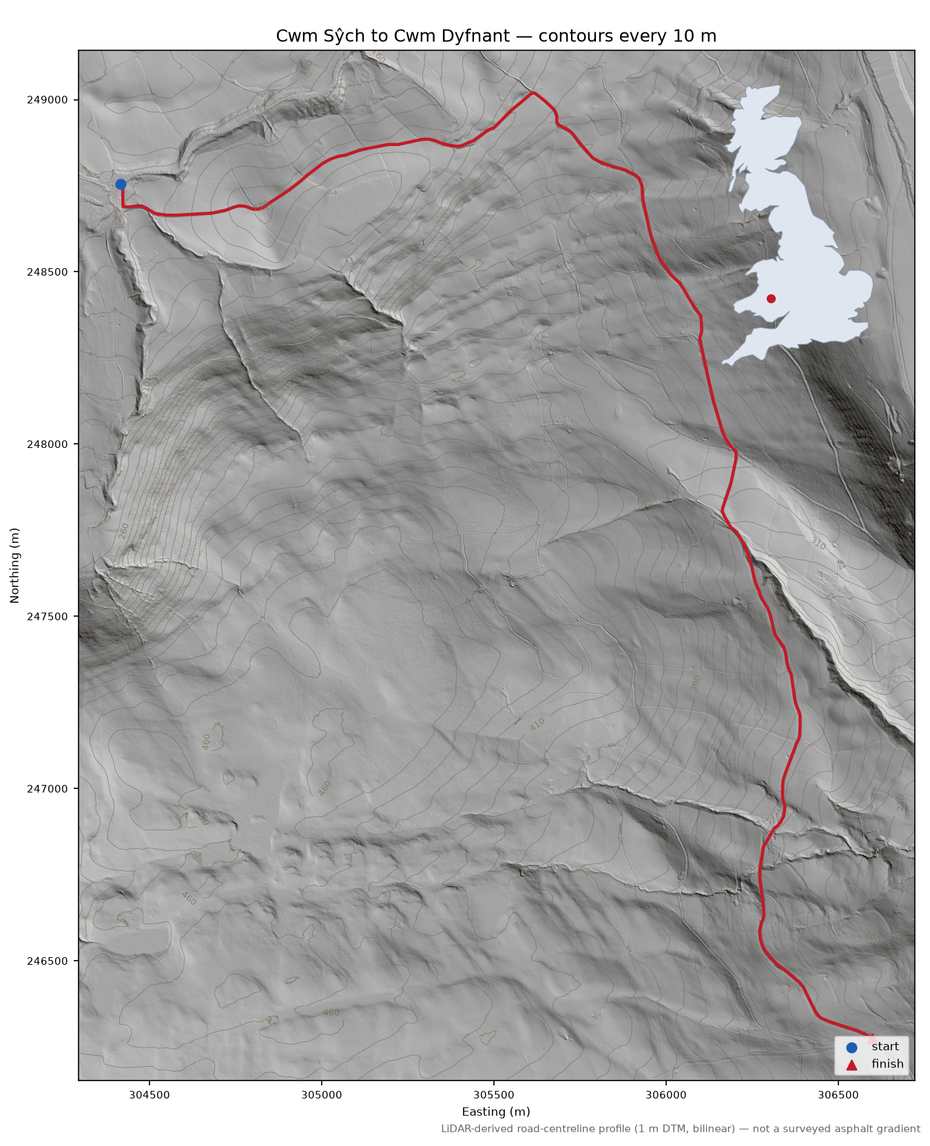 Cwm Sŷch to Cwm Dyfnant LiDAR hillshade map with contours