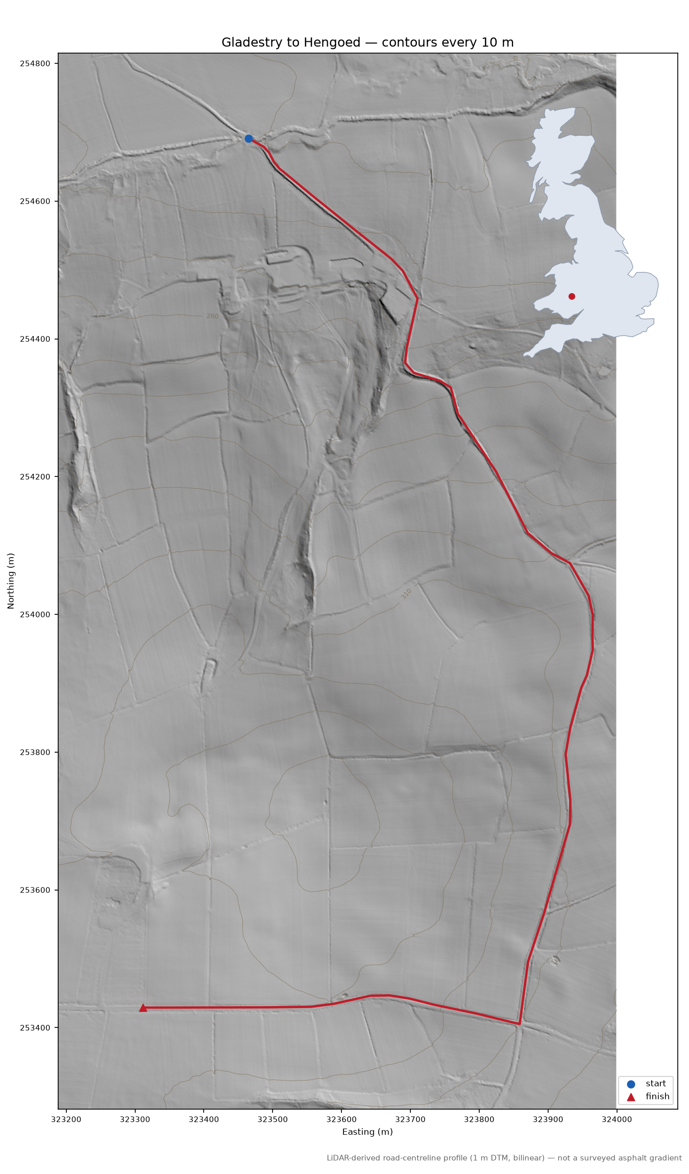 Gladestry to Hengoed LiDAR hillshade map with contours