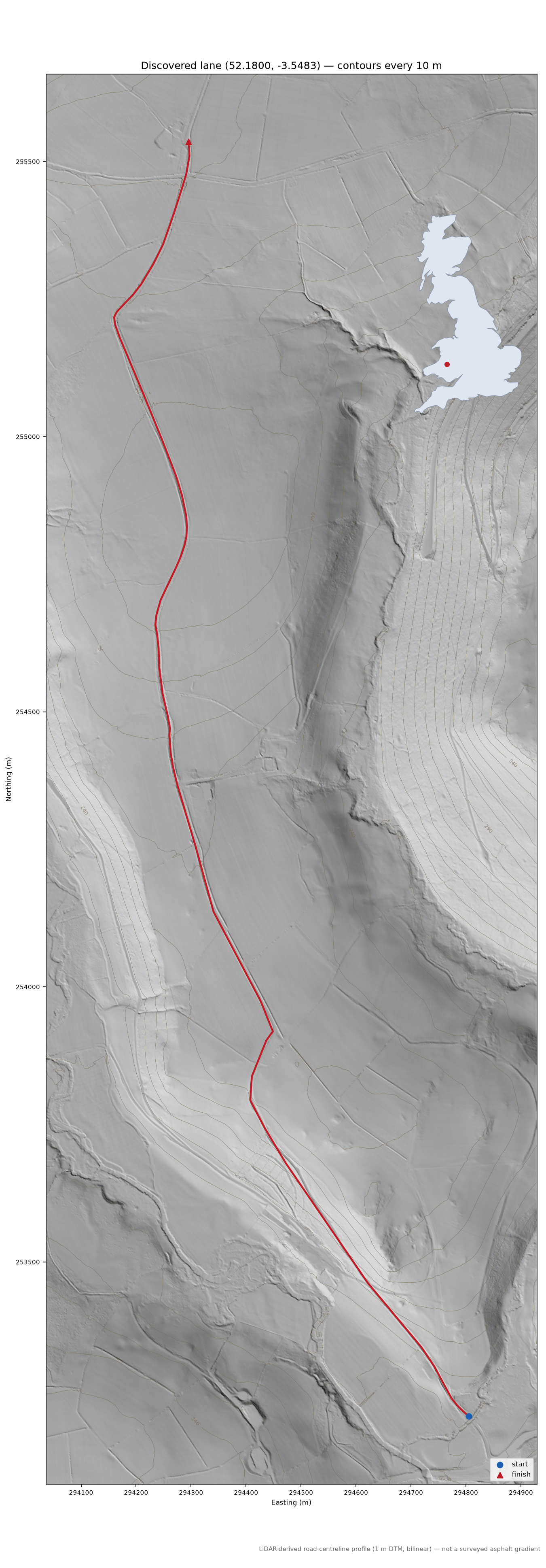 Troedrhiwdalar to Y Garth LiDAR hillshade map with contours