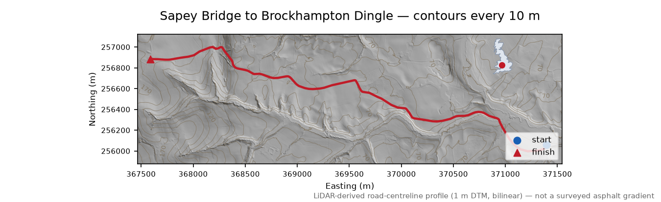 Sapey Bridge to Brockhampton Dingle LiDAR hillshade map with contours