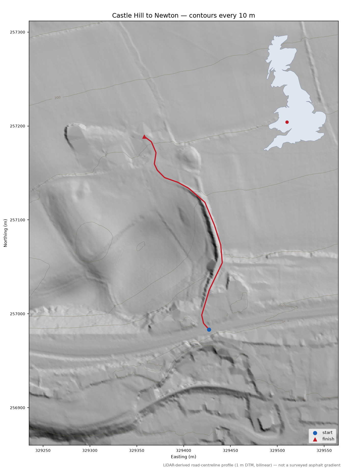 Castle Hill to Newton LiDAR hillshade map with contours
